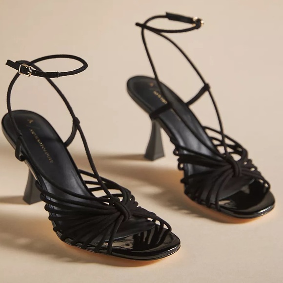 New Caverley x Anthropologie Norman Heel Cow Satin 7 Black White Leather Strappy - Picture 9 of 10